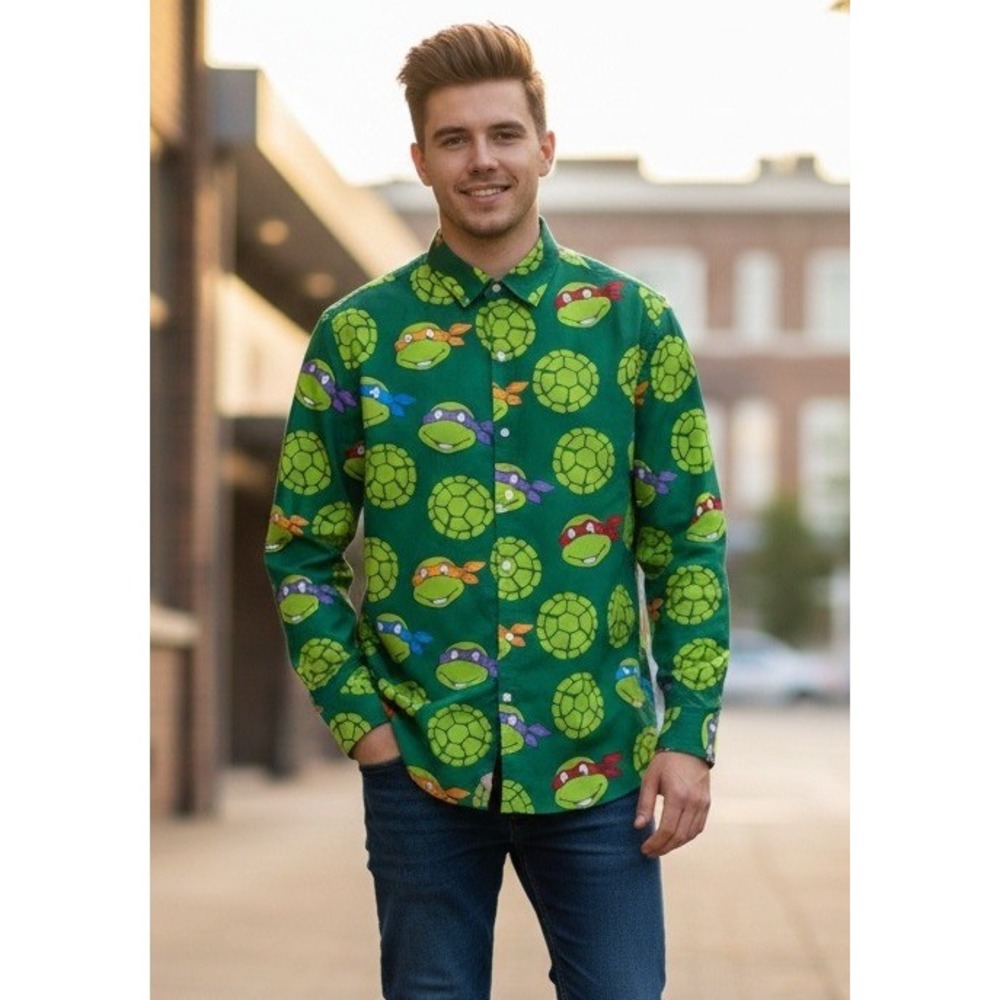 Suitmeister Teenage Mutant Ninja Turtles Mens Green Long Sleeve Button Up Large?